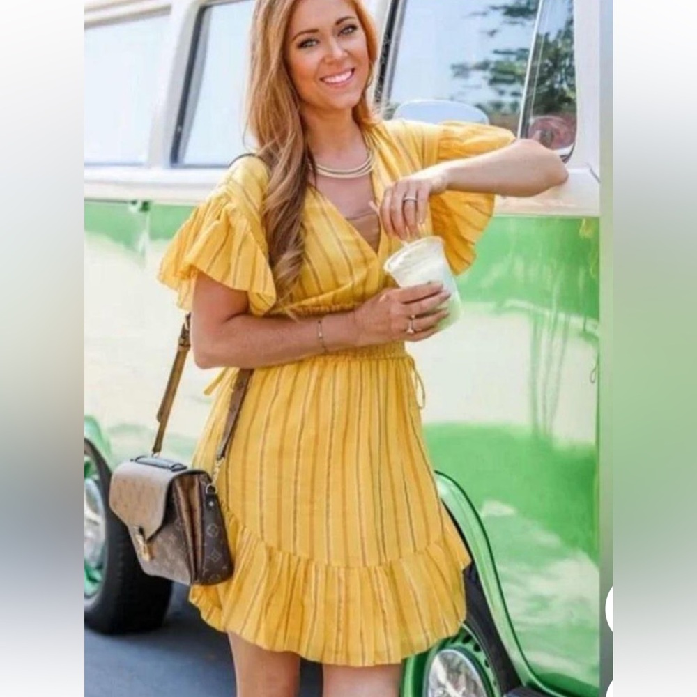 EUC SAYLOR Adrianne Yellow Gold Metallic Stripe Smocked Ruffle Mini Dress